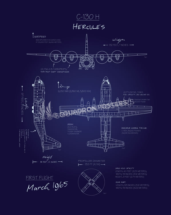 C-130H Blueprint Art by - Squadron Posters! Military aviation travel poster art.