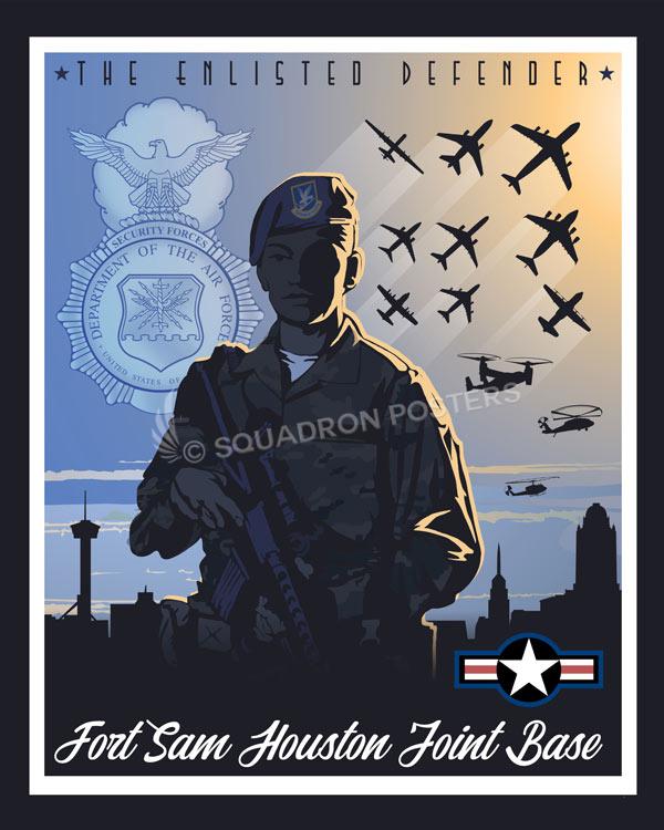 Ft-Sam-Houston-SFS-The-Enlisted-Defender-featured-aircraft-lithograph-vintage-airplane-poster