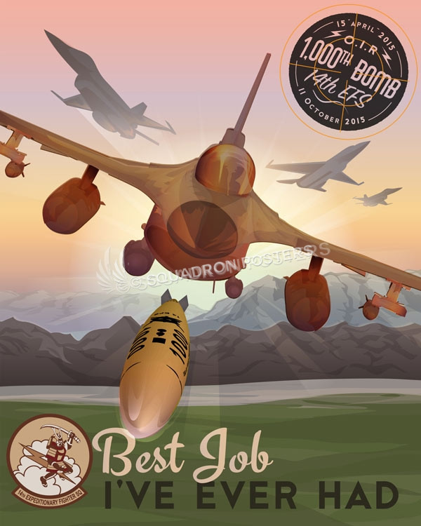 14th Expeditionary Fighter Squadron Iraq_F-16_14th_EFS_1000th_Bomb_SP00842-featured-aircraft-lithograph-vintage-airplane-poster-art