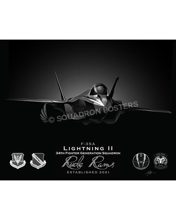 Jet Black F-35A 34th FGS Rude Rams Lithograph - Squadron Posters