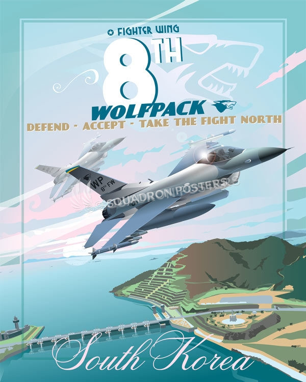 Kunsan AFB F-16 8th FW Wolfpack aircraft vintage style poster art by Squadron Posters!