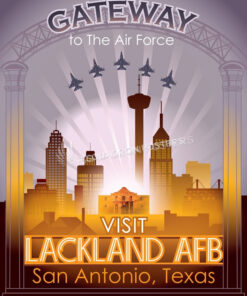 Lackland AFB vintage poster art by - Squadron Posters! Military aviation travel poster art.