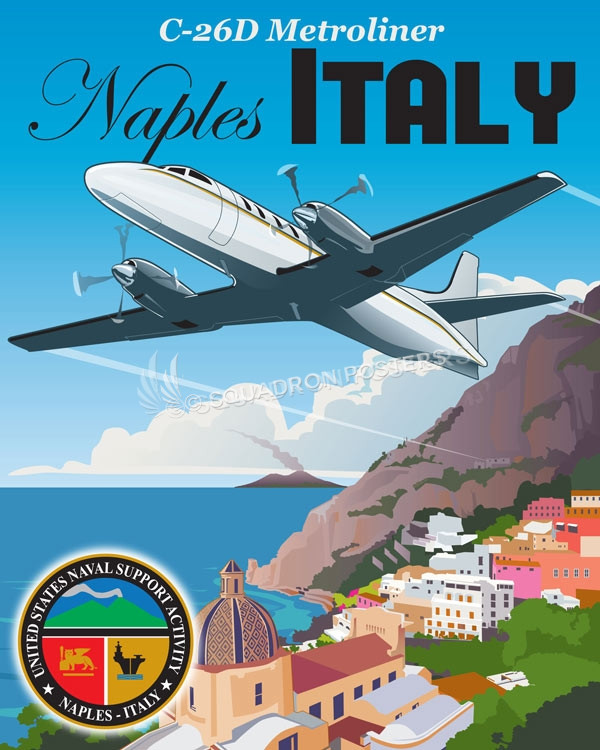 Naval Support Activity Naples Italy C-26D Naples_Italy_C-26D_Naval_Support_SP01344-featured-aircraft-lithograph-vintage-airplane-poster-art