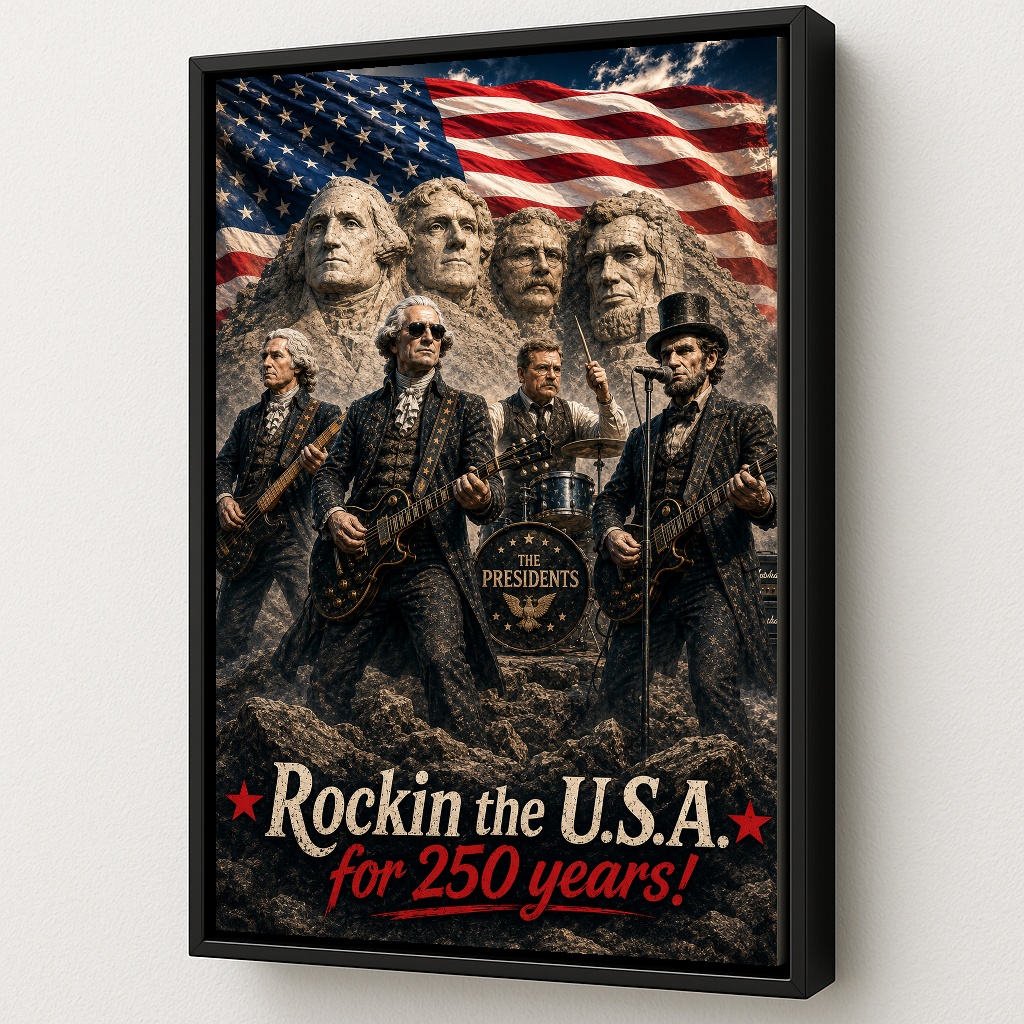 Mount Rushmore Rockin the USA 250 Years Framed Canvas Art by Squadron Posters!