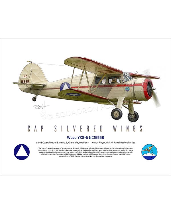 Waco YKS-6 NC16598 16x20 FINAL Ron Finger SPN02304MFEAT-jet-black-aircraft-lithograph