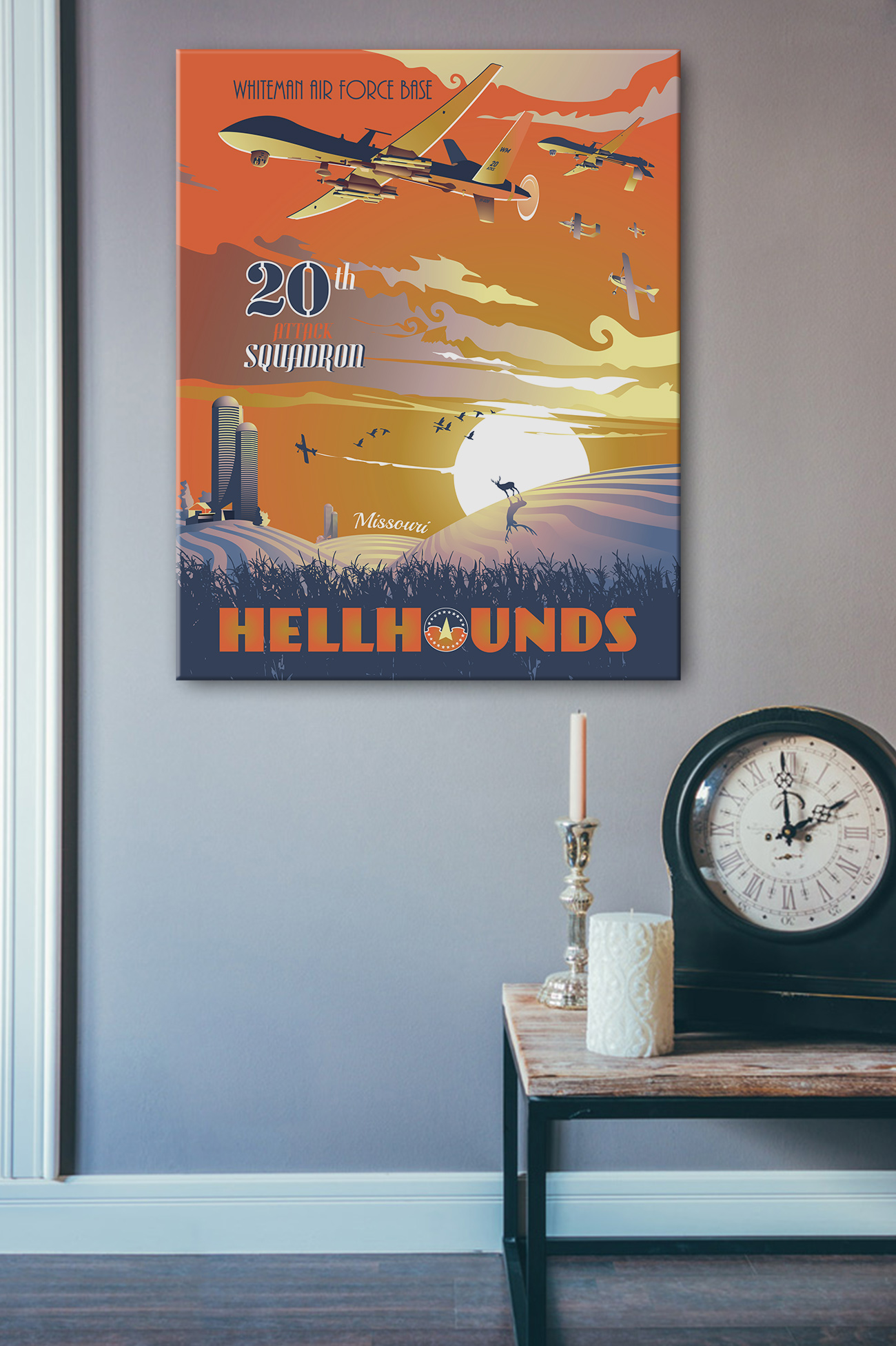 Whiteman AFB MQ-9 20th ATKS 16x20 SP01863 Max Shirkov Whiteman AFB 20th ATKS MQ-9 vintage style military aviation canvas poster art by Squadron Posters