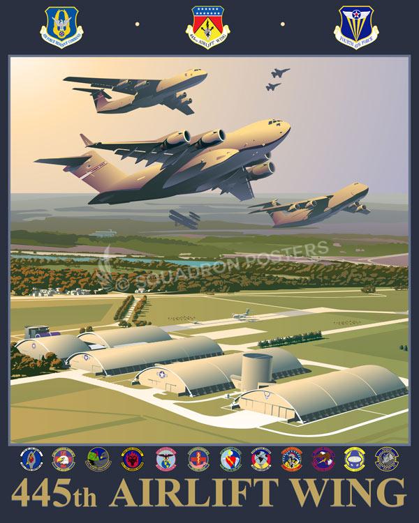 Wright-Patterson-AFB-Ohio-C-17-C-5-C-141-F-16-Wright-Flyer-445th-AW-UPDATED-PATCHES-featured-aircraft-lithograph-vintage-airplane-poster